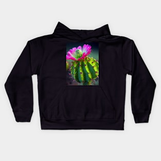 Green Cactus with Gorgeous Pink Flower in the Rain Kids Hoodie